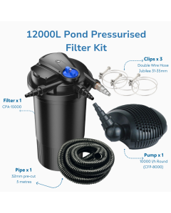 12000L Pond Self-Cleaning Pressurised Filter Kit Inc Pump & Hose