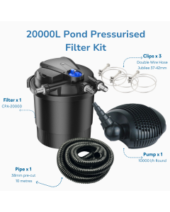 20000L Pond Self-Cleaning Pressurised Filter Kit Inc Pump & Hose